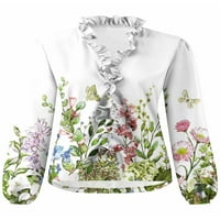 Capreze ženske rubffles majice casual v vrhovi izreza za odmor cvjetna tiskana tunika košulja u stilu