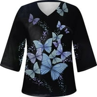 Hanas ženski plavi leptir print Top casual labav rukav na kožu vrhovi V-izrez mekani partijski bluza