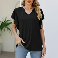 Ženska ljetna casual izlaska Y2K vrhovi pune boje majica V-izrez kratki rukav crni xl
