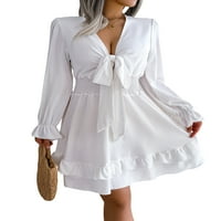 Capreze ženske kratke haljine čipke up mini haljine dugi rukav ležerci u V Ret White XL