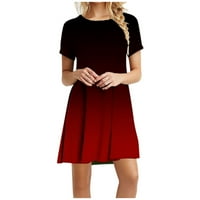 Mini haljina za ženske izrez za posade Ruched Flowy Haljina kratki rukav Ispis ruffle Ležerne haljine crvene m