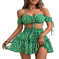 Boho ditsy cvjetni sa ramena gornja kratka rukava zelena ženska suknja