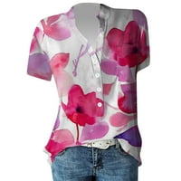 Žene vrhovi Henley casual bluza cvjetne žene ljetne majice kratkih rukava ružičasta S