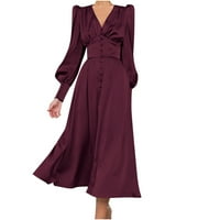 Growest haljine za žene Ženska modna boja Dugi rukav Saten Soft Struk i haljina Satin V-izrez temperament
