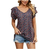 Ljetne casual v izrez košulje za žene Dvostruke rufffle majice kratkih rukava Vintage cvjetni grafički