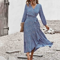 Ženske haljine s dugim rukavima cvjetna casual srednje dužine A-line V-izrez ljetna haljina plave s