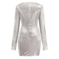 Dugi rukav V-izrez čvrsti pulover Ležerne prilike seksi srebrne zabavne haljine za žene veličine m