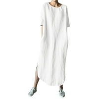 Entyinea ženske pamučne haljine casual crew vrat kratkih rukava puna boja dugačka haljina bijela 5xl