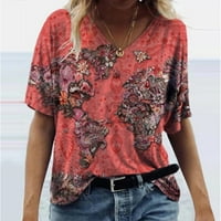 Kratki rukav casual bluza Grafički otisci vrhovi V-izrez ljeta za žene ljubičaste l