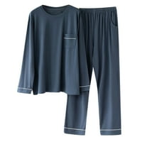 Yievit pidžama za muškarce postavljene čišćenje dugih rukava, casual rublje čvrsti pulover sa džepovima + labave hlače odijelo M-4XL tamno plava