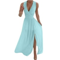 Penkiiy Dame Fashion Solid Boja V-izrez Cross Split Dugih rukava haljina plus veličina haljina s plavom