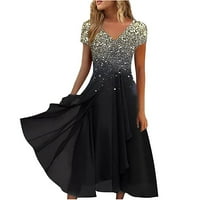 Ljetne maxi haljine za žene cvjetni tisak kratkih rukava V izrez šifon haljina plutane protočne haljine crne 12