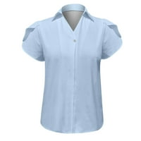 Ženski vrhovi ženske ležerne modne čvrste boje V izrez kratki rukav lapeli T-majice svijetlo plava m