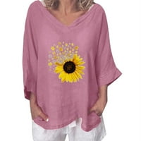 USMIXI ženski vrhovi suncokret tisak V-izrez rukave majice Ljetna moda prozračna pamučna posteljina