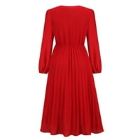 Žensko ljeto Tanak naletirani remen dugi rukav V-izrez A-line haljina crvena s