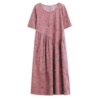 Elegantne haljine za žensko čišćenje kratkih rukava Okružna haljina uzorak pamučna haljina bez posteljine za žene kraljevska vrata Početna Mini haljina, Crvena, XL