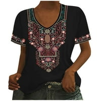 Ženske košulje Ženska modna casual V izrez Labavi etnički stil tiskani majica kratkih rukava Top Black