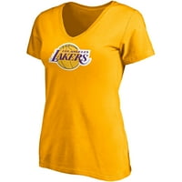 Ženska fanatika brendirana Lebron James Gold Los Angeles Lakers Logo Playmaker Naziv i broj V-izrez