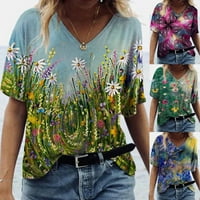 Odeerbi Ljetni casual elegantni vrhovi za žene modna tiskanje V-izrez majica kratkih rukava TEE bluza