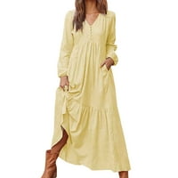LisingTool casual haljina jesen ženski gumb pamuk retro casual haljina s dugim rukavima žuta