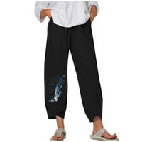Crne točne hlače, posteljine za žene za žene Ljetni povremeni džepovi pamučne pantalone na širokim nogama