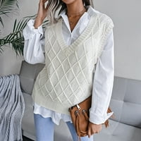 Haxmnou ženski V izrez pleteni džemper prsluk Argyle Plaid Preppy stil bez rukava za bez rukava bijeli
