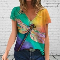 Žene V-izrez T-majice Ljeto kratki rukav Dragonfly životinjski tisak za ispis Ležerne prilike labavi