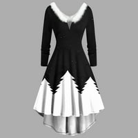 Ženska vintage božićna haljina V izrez Print dugih rukava Visoka niska haljina Line Swing Cocktail Midi