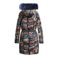 Ženski zimski kaput - zima topla srednja dužina Velika tiskana vintage pamučna jakna s kapuljačom plava