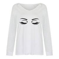 Clearsance ženska jesen modna prugasta majica dugih rukava casual v-izrez oči grafički ispis pulover Loonice za žene bijeli xxl
