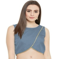 Eloria Women Okrugli vrat Sari Top Bluza Casual Kratki rukav sa trokutnim čipkom, Art Silk Boja: siva
