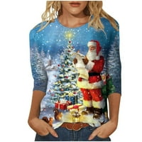 Božićne košulje za žene Slatka modna tiskana labava majica rukava bluza okrugli vrat casual vrhovi svijetlo