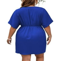Ženska casual obična linija Duboko V izrez Royal Plava haljina plus vezene haljine 0xl
