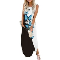 Ertutuyi ženski džep bez rukava casual cvjetna tiskarska plaža Long Maxi Labava haljina crna xxl