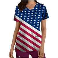 USMIXI majice za žene kratki rukav V-izrez zvijezda Striped Ispis ljetni osnovni vrhovi modna dana za