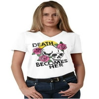 Smrt postaje njena lubanja ruža tetovaža V izrez majica majica za žene brisko brendovi l