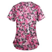 Ženska modna radna odjeća s kratkim rukavima V-izrez s džepovima ispisanim vrhovima ružičaste m