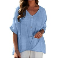 Posteljine kratkih rukava za žene Ženske žene Lagenlook vrhovi lanene majice Bluze Vintage Solid Boja