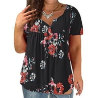 Floleo ženske vrhove čišćenja ljetna majica plus veličine V-izrez cvijeće za ispis gumba za ispis Shor