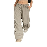 Biekopu Žene povučene teretne hlače, srednje struk pune boje opuštene fit radne hlače s džepovima, s