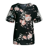 Plus veličine za žene V-izrez bluza TEE majica TOP iz šuplje XL crne tiskarske kratke rukave