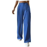 Ženske casual posteljine hlače ruched široka noga tekuće visoke ženske palazzone ravne pantalone dame čipke ubrzavaju ravne hlače za noge sa džepom, plavom & xl