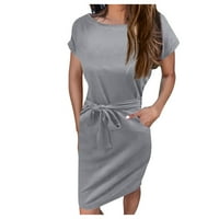 Ljetne haljine za žene s kratkim rukavima, puna povremena duljina koljena dnevno čamci Dress Dress Sive