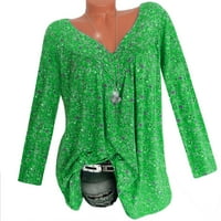Funicet Plus Veličina Vrh za žene s dugim rukavima V izrez za bluzu za bluzu pulover prozračne lagane labave vrhunske ruffle tuničke košulje zelene s