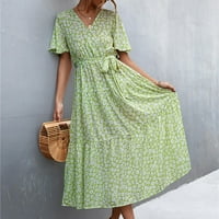 Ženska ljetna modna čipka Up V-izrez cvjetni ispis kratkih rukava haljina haljina