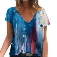 USMIXI majice za žene kratki rukav V-izrez zvijezda Ispis ljetni osnovni vrhovi 4. srpnja Modna dana