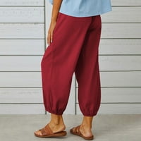 Ženske posteljine hlače elastične vijske struk duge hlače s ravnim džepom pune boje casual labavo pune