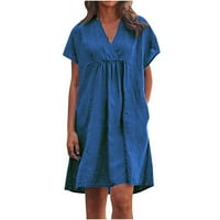 Ljetne haljine za žene Čvrsti V-izrez A-line Mini casual haljina s kratkim rukavima plava 2xl