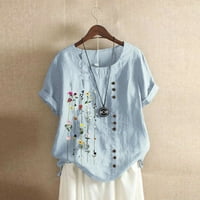 Yuehao Plus size Ženska boemska cvjetna vezena majica kratkih rukava Top bluza Ženske vrhove plave boje