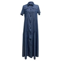 Clodeeu modni ženski gumb labavi čvrsti V-izrez Lmitation traper kratki rukav duga haljina)